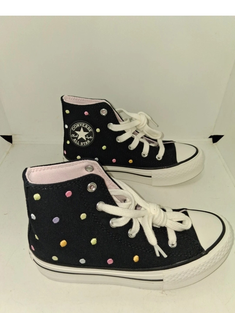 Converse Kids Black High-Top Sneakers with Pastel Polka Dots